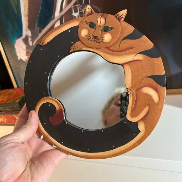 Handcrafted 8" Cat Design Decorative Wall Mirror Indonesia - Picture 6 of 14
